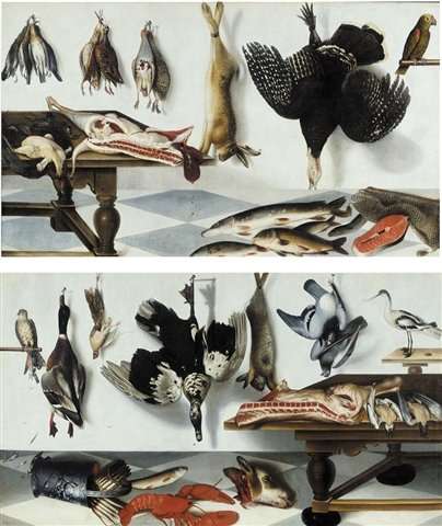 A game larder with a hare, partridge, snipe, a turkey, a side of meat, capons, starlings, pike, eel and fish with a parrot by Baroque