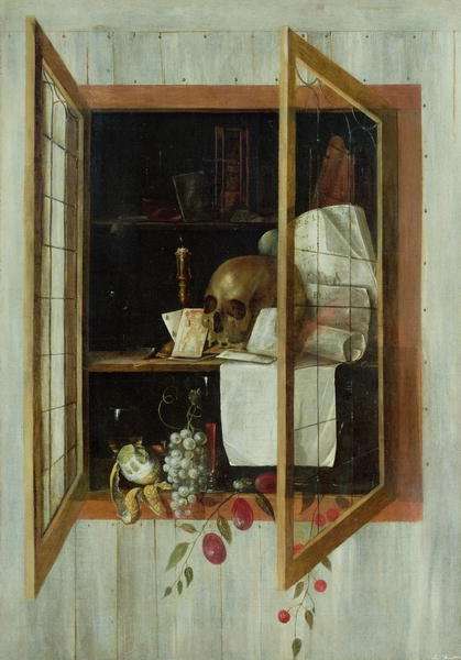 Vanitas still life seen through a trompe loeil window by Baroque