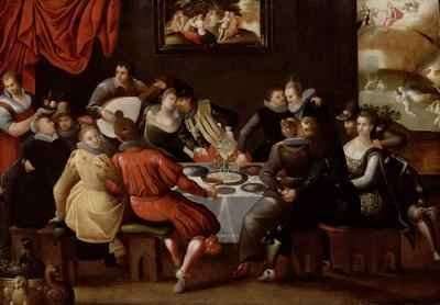 Elegant Figures Feasting and Disporting at a Table with the Last Judgement in the Background by Baroque