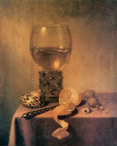 A roemer, two shells, a peeledlemon, a knife and walnuts on a Draped Table by Baroque