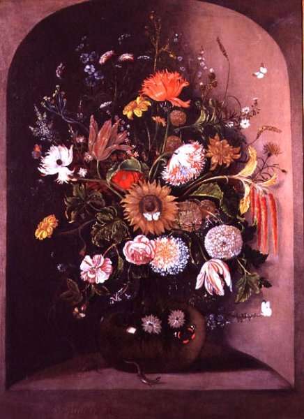 Mixed Flowers in a Glass Bowl in a Niche with a Lizard and a Mouse by Baroque