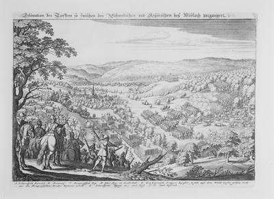 Battle of Wiesloch between the protestant Swedish and the catholic imperial armies on 16 August 1632 from Theatrum Europaeum Volume II 1637 by Baroque