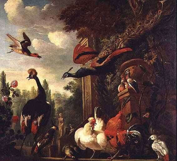A peacock peahen and other exotic birds and poultry on a Terrace by Baroque