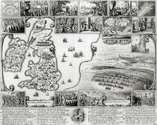 Map of Civil War England and a view of Prague by Baroque
