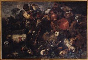 Farmhands with cattle and sheep