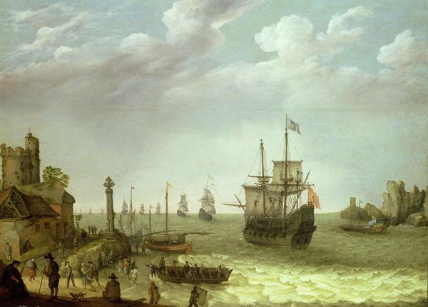 Settlement on a rocky shore with the Dutch fleet approaching, 1640