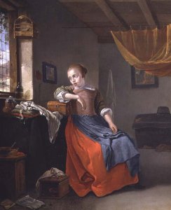 A Seated Woman in an Interior Gazing out of the Window