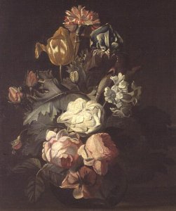 Roses, tulips, peonies and other flowers in a vase
