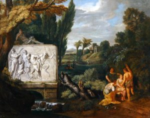 A Classical landscape with maidens dancing by a sarcophagus depicting the Triumph of Silenus