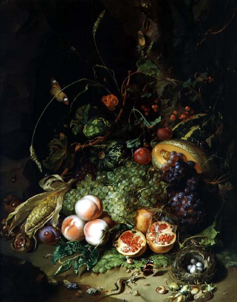 Still Life of Fruit with a Birds Nest and Insects, 1710