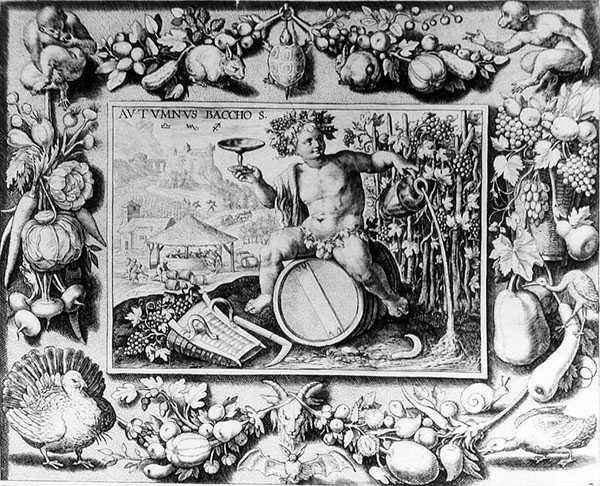 Bacchus and an allegory of Autumn, engraved by Crispin de Passe I c.1565-1637