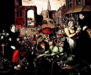 A Maid Washing Carrots at a Fountain with Two Gardeners at Work