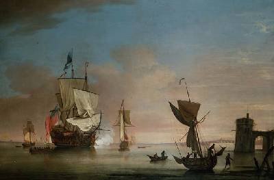 The Morning Gun two-decker man-o-war with other ships