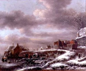 Houses and a Windmill by a River with Boats and Fisherfolk