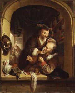 A Barber surgeon tending a peasants foot