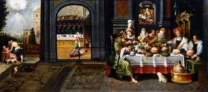 Elegant Figures Feasting and Disporting at a Table with the Last Judgement in the Background