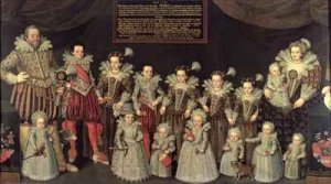 A Family Group Portrait with coats of arms