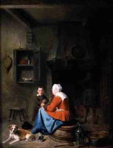 Woman teaching a boy to pray in a kitchen