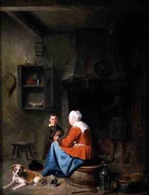 Woman teaching a boy to pray in a kitchen