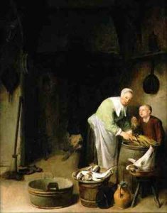 Woman teaching a boy to pray in a kitchen