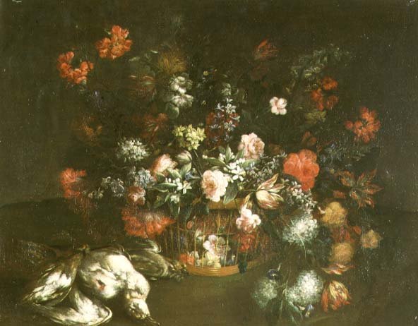 Roses, tulips, bluebells, lilac and other flowers in a basket with dead birds