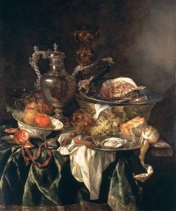 A banketje still life of fruit in a silver tazza, a lobster, a roemer and other objects on a white cloth on a velvet-draped table