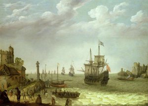 Settlement on a rocky shore with the Dutch fleet approaching, 1640