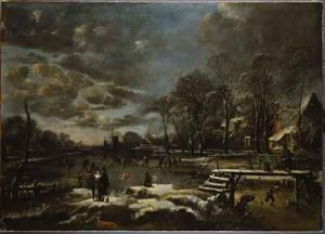 A Winter River Landscape with Figures Playing Golf and Skating